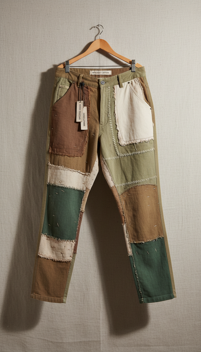 Upcycled Cotton Trousers With Hand-Stitched Patches